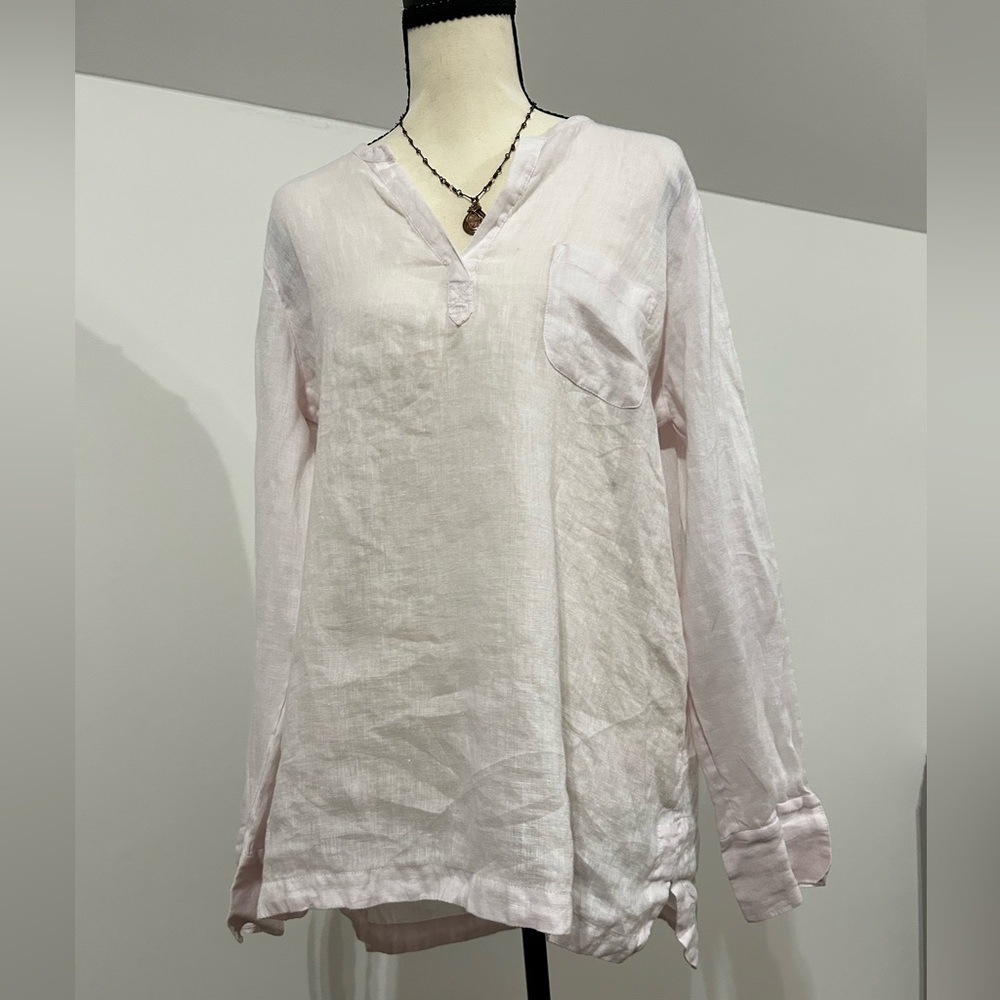 Saks Fifth Avenue Pale Pink Linen V-Neck Long Sleeve Top